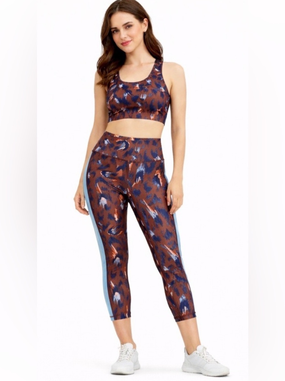 Aerie Abstract Print Sports Bra & Cropped Leggings Set Brown Blue M